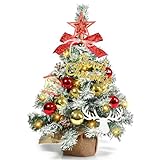 Weihnachtsbaum Künstlich Klein 45 cm, Mini Christbaum mit 30 warmweißen LEDs, Weihnachtskugeln Sternbaumspitze Weihnachtsdeko, Tannenbaum für Weihnachtsdeko Innen Büro Weihnachten Advent, Rot Gelb