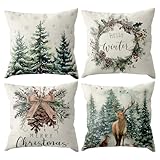 Kissenbezug Weihnachten 45x45 4er Set, Leinen Weihnachtskissen Weihnachtsdeko mit Rentieren Christmas Decorations Weihnachtsdeko Innen für Sofa, Couch, Schlafzimmer, Deko Wohnzimmer, Winterdeko