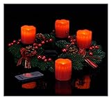 Spetebo Adventskranz mit 4 LED Kerzen und Fernbedienung - roter Weihnachtskranz mit Echtwachskerzen