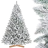 FairyTrees Weihnachtsbaum künstlich FICHTE, Natur-Weiss mit Schneeflocken, Material PVC, inkl. Holzständer, 220cm