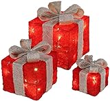 Bambelaa! 3er Led Deko Geschenke Leucht Boxen Timer Weihnachts Dekoration Weihnachtsdeko Beleuchtet Deko Weihnachten (Rot)