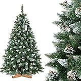 FairyTrees Weihnachtsbaum künstlich Kiefer, Natur-Weiss beschneit, Material PVC, echte Tannenzapfen, inkl. Holzständer, 180cm